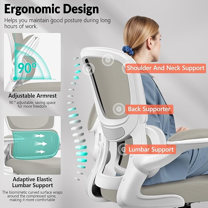 BESTFAIR Office Chair Ergonomic Desk Chair, Breathable Mesh Comfy Chair with Lumbar Support, Computer Chair, Home Desk Chair with Flip-up Armrests, Gaming Chair for Adults Home Office