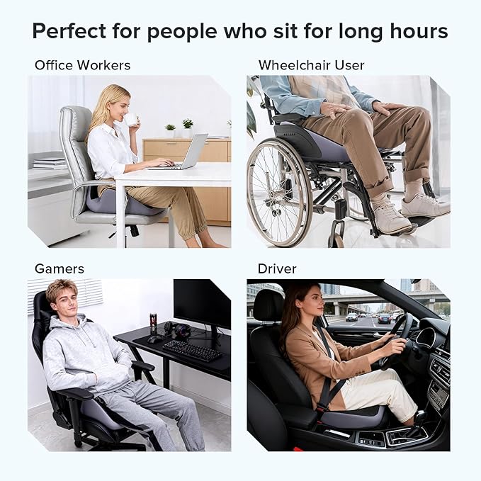 Office Chair Cushion, Large Breathable Ergonomic Seat Cushion – Pressure Relief for Tailbone/Sciatica/Back Pain from Long Sitting, Memory Foam Pad for Desk Chairs, Office Chairs & Long Trips