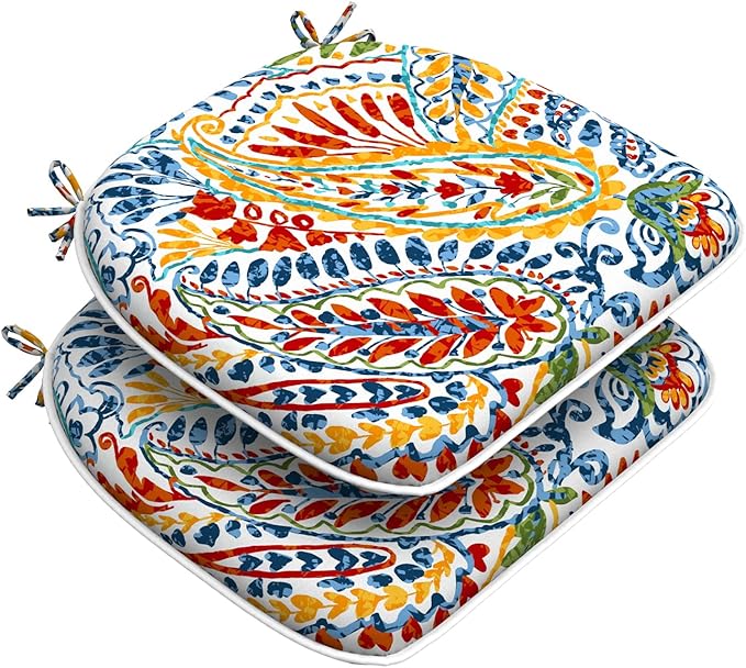 DYTXIII Set of 2 Outdoor Chair Cushions with Ties,Water Repellent Patio Chair Pads 17"x 16" for Outdoor Furniture,Round Corner Seat Cushions for Garden Yard Kitchen Paisley Multi