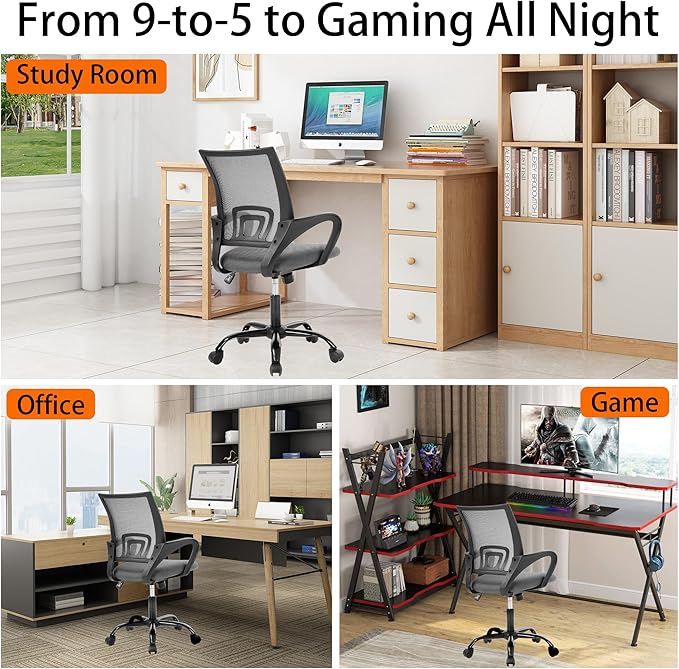 Ergonomic Office Chair – Mesh Computer Chair w/Lumbar Support, Adjustable Height & Tilt, Swivel Desk Chair for Home & Office (Black), Metal Base, Gray