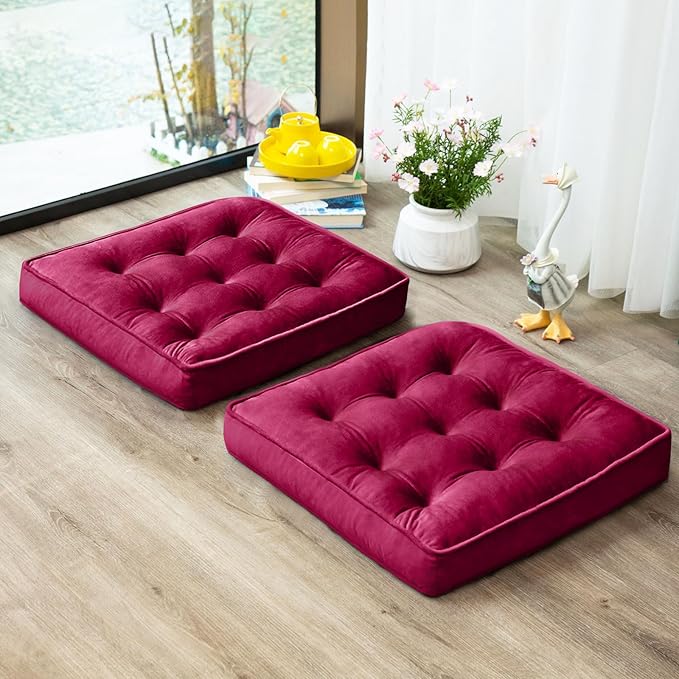 1 MIDDLE ONE Floor Pillow Set of 2, Memory Foam Meditation Cushion, Floor Cushions for Adults Sitting, Large Square Seat Cushions for Yoga, Living Room, 20x20 Inch (Burgundy)