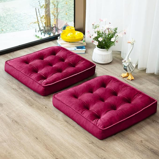 1 MIDDLE ONE Floor Pillow Set of 2, Memory Foam Meditation Cushion, Floor Cushions for Adults Sitting, Large Square Seat Cushions for Yoga, Living Room, 20x20 Inch (Burgundy)