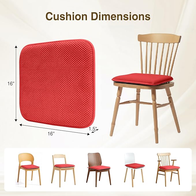 puredown® Chair Cushions for Dining Chairs, Set of 4 Memory Foam Seat Cushions with Non-Slip Backing & Ties, 16" x 16" x 1.5", Comfortable & Supportive Dining Chair Pads for Kitchen, Red