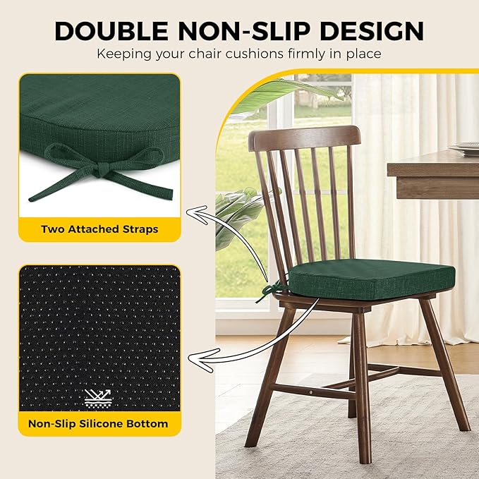 downluxe Indoor Chair Cushions for Dining Chairs, Soft and Comfortable Textured Memory Foam Kitchen Chair Pads with Ties and Non-Slip Backing, 16" x 16" x 2", Dark Green, 4 Pack