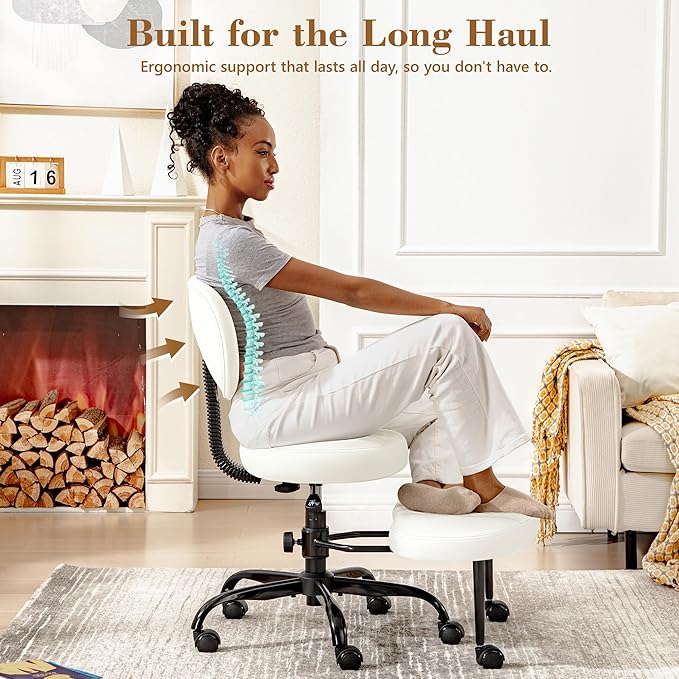 AtHope Ergonomic Cross Legged Office Chair with Wheels - Adjustable Height for Meditation, ADHD Desk & Yoga - Wide Criss Cross Design with Lumbar Support, Kneeling Chair - White