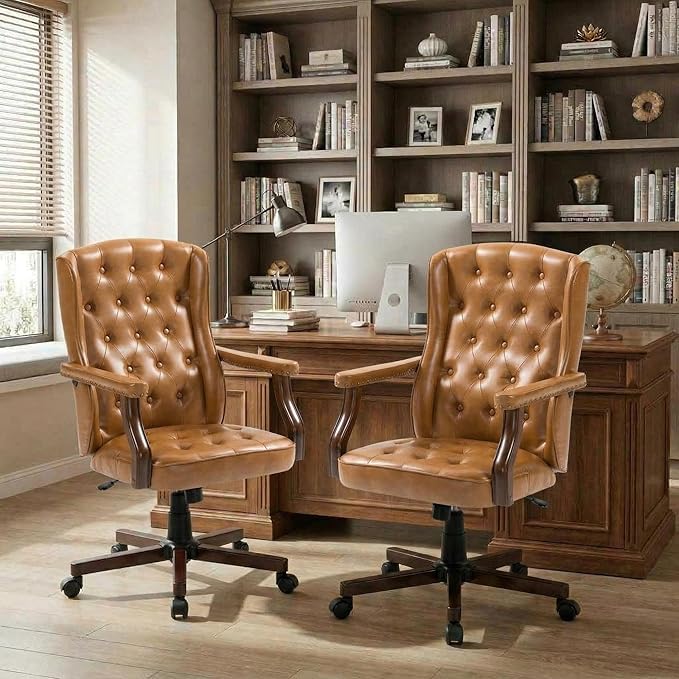 Executive Office Chair, Ergonomic Faux Leather Desk Chair with Wingback Design, Swivel Adjustable Home Office Chair for Computer Desk, Comfortable Task Chair for Home Office, Brown