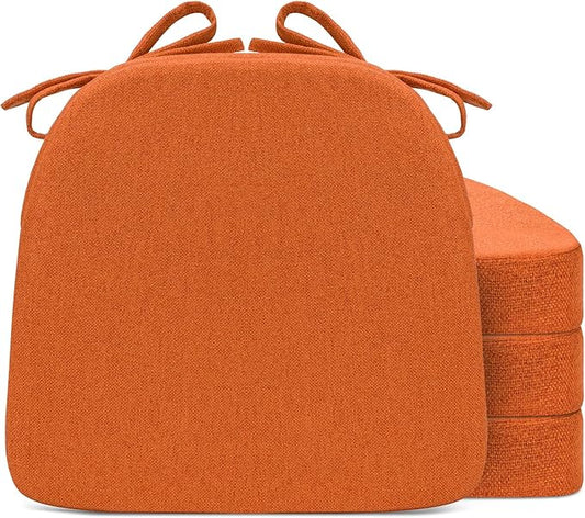 Sunsleek Chair Cushions for Dining Chairs, D-Shaped Seat Cushions with Removable Washable Cover and Ties, Chair Pads for Kitchen, Indoor Dining Room, Patio Chairs, 17'' x 16'', Set of 4, Orange