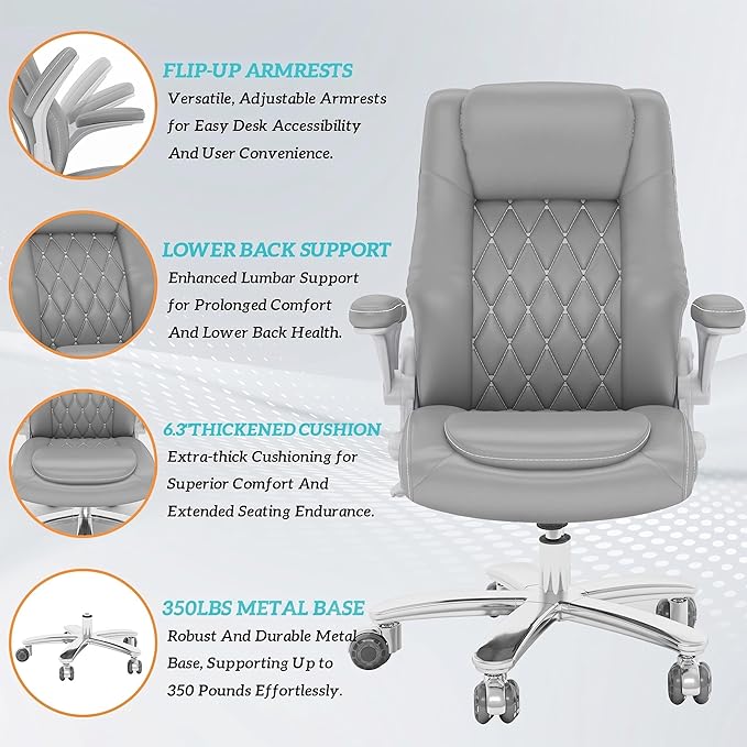 GYI Office Chair, Ergonomic Computer Desk Chair, Leather Executive Office Chair with High Back, Lumbar Support, Flip-up Arms, Wide and Thick Padded Seat, Heavy Duty Base, Rubber Wheels, Grey