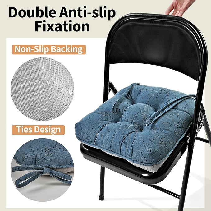 Marble Pattern 3" Chair Cushion for Dining Chair, Filling Bite-Size Memory Foam U-Shaped Seat Cushions for Kitchen Chairs, Non-Slip Indoor Chair Pad with Ties, Set of 4, Blue