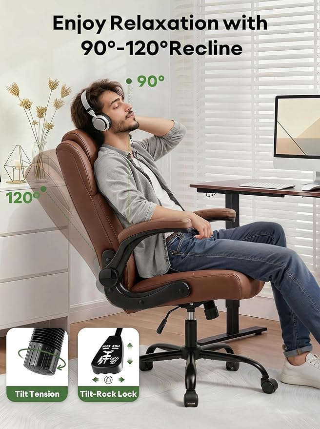 Office Chair PU Leather, Ergonomic Computer Desk Chair with Lumbar Support, Executive Leather Chair with Wheels & Flip-up Armrest, Small Home Office Desk Chair for Short People Use, Brown