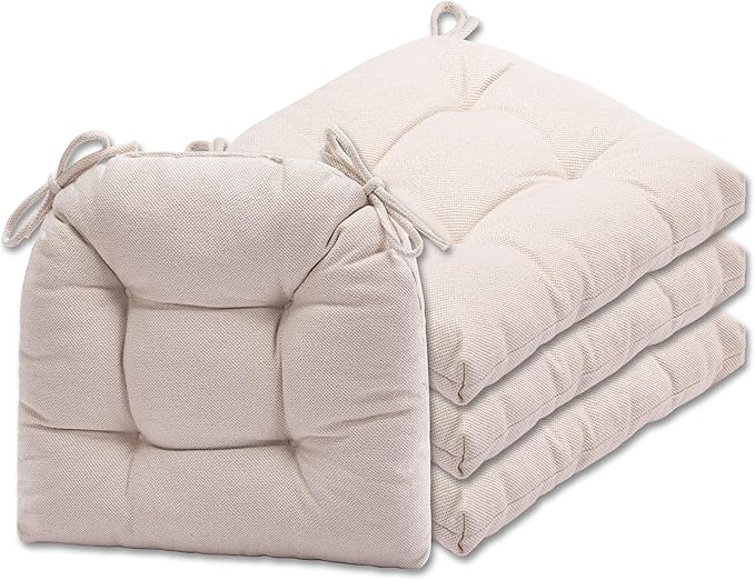 SQUARE MOON D-Shaped 3" Thick Chair Cushions, Chair Pads for Dining Chairs and Kitchen Chairs, Indoor Dining Room Seat Cushions with Ties, Machine Washable, 17" x 16" x 3", 4/Pack, Ivory