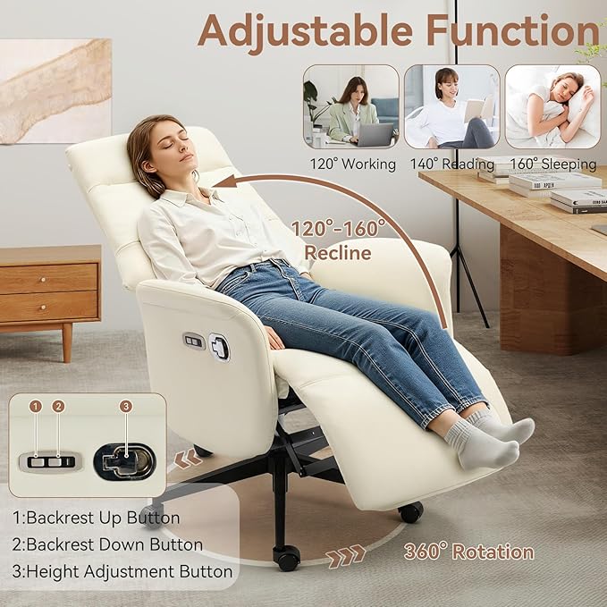 ECOTOUGE Ergonomic PU Leather Recliner Chair with Footrest, Electric Executive Office Chair for Home Office, Adjustable Seat Height and Backrest, 330 lbs Capacity, Beige