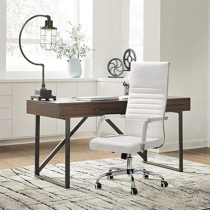 Ribbed Office High Back PU Leather Desk Adjustable Swivel Task Computer Chair with Armrest for Conference Study Leisure, White,KM-0022
