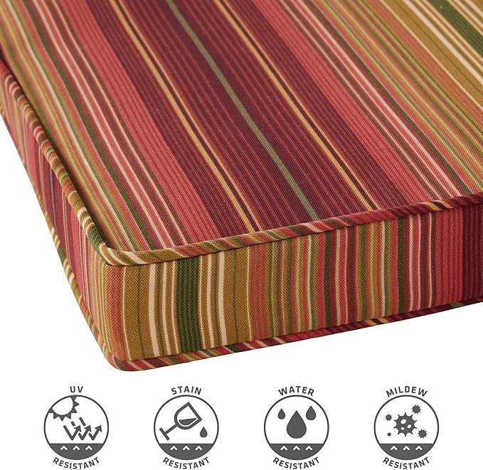 Outdoor 18 inch Square Patio Dining Chair Pads – Comfortable Fiber-Filled Seat Cushions with Ties, Reversible Polyester Fabric - Kinnabari Stripe, Set of 2