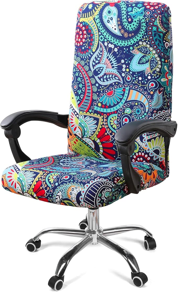 Smiry Stretch Printed Office Computer Chair Covers, Universal Desk Rotating Chair Slipcovers Removable Washable, Soft Fit Anti-Dust Spandex Protector Cover with Zipper, Blue Green