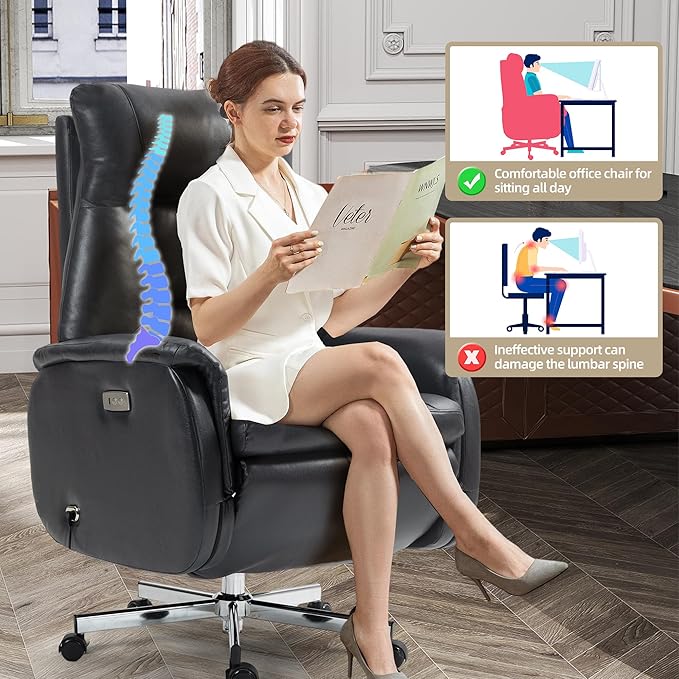 ECOTOUGE Power Office Chair with USB Charging, Recliner Executive Office Chair with Adjustable Footrest, Big and Tall High-Back Reclining Computer Chair, 400LBS Weight Capacity, Microfiber, Black