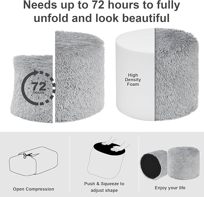 Hansleep Round Stuffed Pouf Ottoman 20 x 15, Foam Filled Faux Fur Ottoman Foot Rest for Chair with Washable Cover, Foot Stools Under Desk for Living Room & Bedroom, Grey