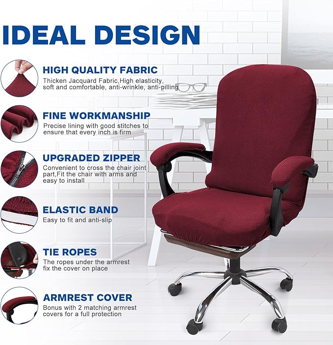 NeColorLife Office Chair Cover,Computer Seat Cover with Armrest Covers, Stretchable Jacquard Desk Chair Slipcover for High-Back Rotating (Large Size,Wine Red)