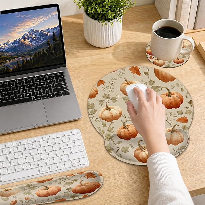 Pumpkin Wrist Rest Support for Mouse Pad Keyboard Set, Autumn Maple Leaves Mouse Pad with Non Slip Rubber Base for Home and Office Typing Support