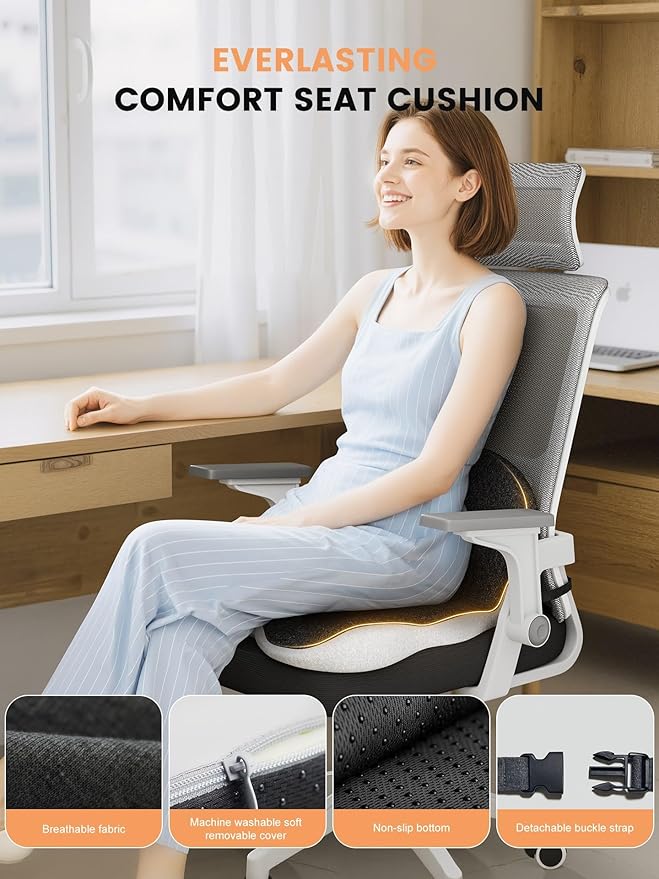 Office Chair Seat Cushion for Long Sitting Workers - L-Shaped Ergonomic Memory Foam with Tailbone Support & Adjustable Strap