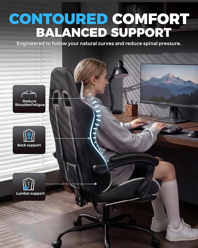 GTPLAYER Gaming Chair Fabric with Pocket Spring Cushion,Computer Office Chair with Lumbar Support for Adults Linkage Armrests and Footrest Ergonomic Gamings Chairs Height Adjustable DARKBLACK