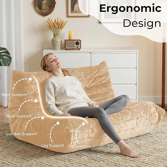 HABUTWAY Bean Bag Chair, Giant Bean Bag Chairs for Adults, Loveseat Fireside Chair, 2 Seater Lazy Bean Bag Sofa Memory Foam Couch for Living Room, Bedroom, Office (Khaki)