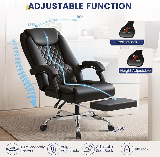 Shahoo Big and Tall Office Chair Height Adjustable Faux Leather Chair with Footrest and Lumbar Support, Ergonomic High Back Computer Chair with 360° Swivel Wheels Task Chairs for Office Home, Black