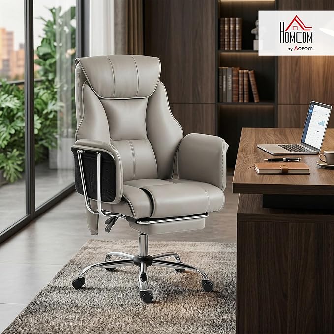 HOMCOM Massage Office Chair with 6-Point Vibration, Overstuffed Reclining Desk Chair with High Back, PU Leather, Footrest, Thick Spring Cushion, Lumbar Support, Grey