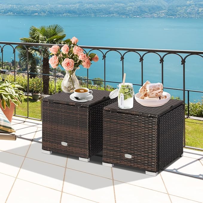 Tangkula 2 Pieces Patio Ottomans, Patiojoy Hand-Woven PE Rattan Side Table with Removable Cushion & Hidden Storage Space, Multifunctional Storage Box, Seat for Patio, Backyard, Poolside (Red)