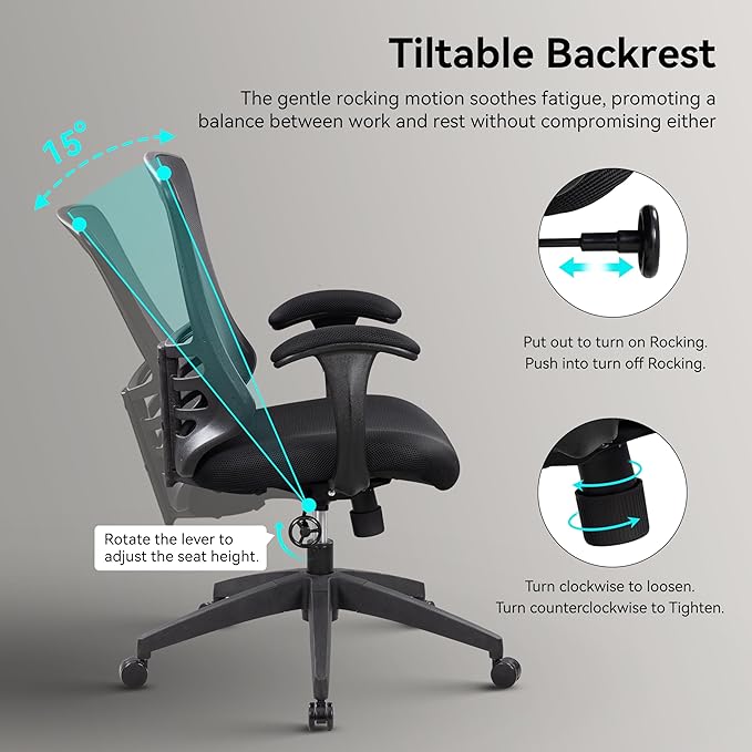 HAMESS Ergonomic Office Chair for Home Office with Mesh Back, Swivel Rolling Computer Desk Chair, Padded Arms with Built-in Lumbar Support, Thick Seat Cushion, High-Density Foam, Breathable Material