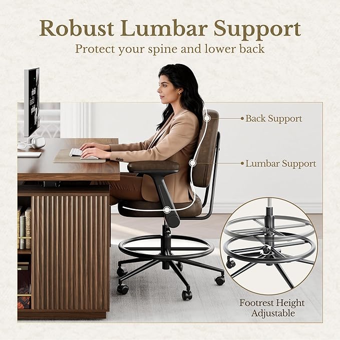 Drafting Executive Chair, Tall Office Chair with Padded Flip-Up Armrests, Mid-Back Cushioned Seat, 360° Swivel Rolling Computer Desk Chair for Standing Desk & Home Office, Vintage Brown
