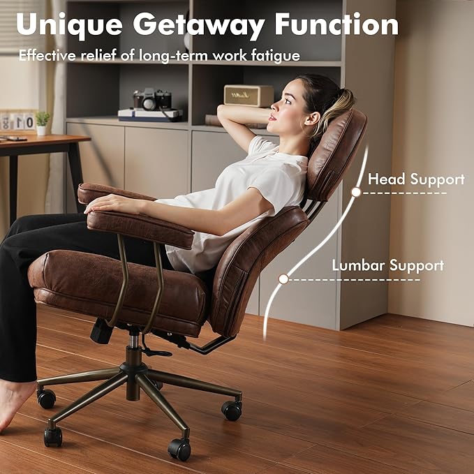 High Back Executive Office Chair with Comfortable Deep Seat,Brown Mid Century Modern Office Chairs,Ergonomic Big and Tall Computer Desk Chair with Lumbar Support(Dark Brown Suede)