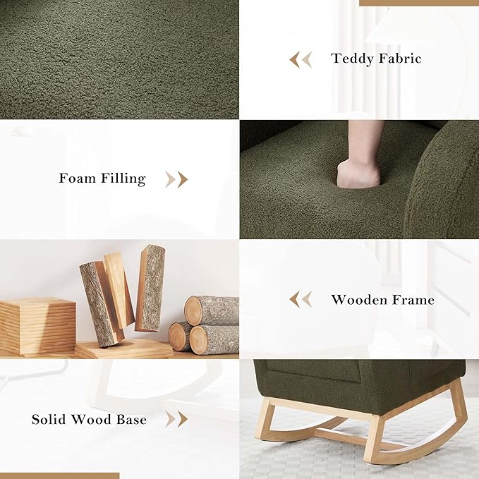40" Teddy Nursing Rocking Chair, Nursery Chairs with Adjustable Foot Rest, High Backrest Upholstered Arm Chair with Side Pockets, Wood Rocking Chair for Living Room, Bedroom, Baby Room (Green)