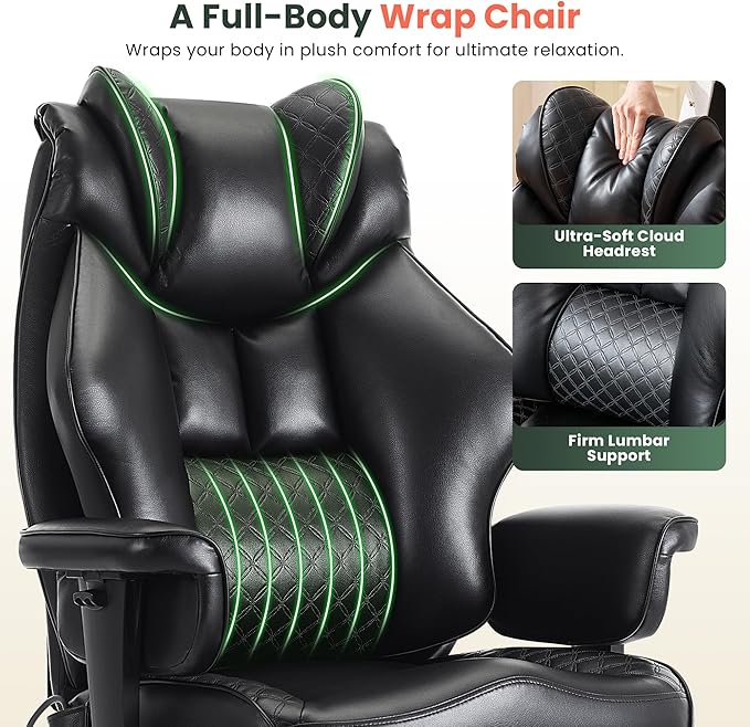 500lbs Big and Tall Office Chair Adjustable Lumbar Support, Extra Wide Seat Ergonomic Gaming Chair with Footrest, Heavy Duty High Back Executive Leather Computer Desk Chair (Black)