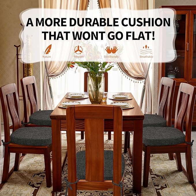 SINOSSO Thickened 2.5" Dining Chair Cushions, Soft Blended High Density Support Foam Kitchen Seat Cushions with Ties, U-Shaped Non-Slip Indoor Chair Pads, 16.5" x 16", 4 PCS, Black-Gray