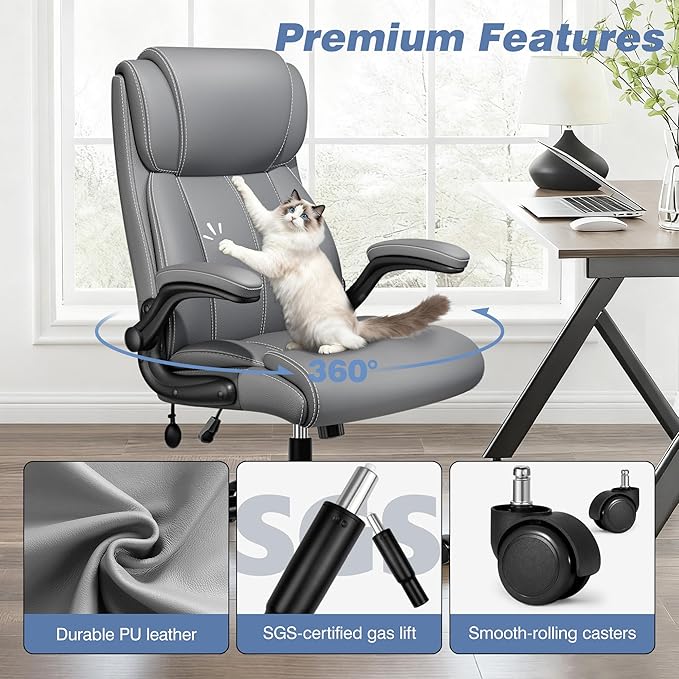 BESTFAIR Ergonomic Office Chair - Desk Computer Chair, Leather High Back Executive Chairs with Adjustable Lumbar Support & Flip Up Arms, Gray 2 Pack