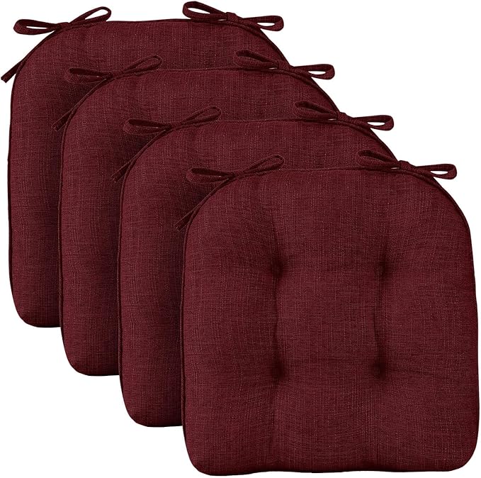 Wellsin Chair Cushions for Dining Chairs, Non-Slip Kitchen Chair Pads with Ties, Tufted Shredded Foam Kitchen Chair Cushions Set of 4, 15.5" X 15.5",Burgundy