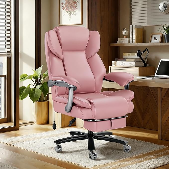 WAILOR 600lbs Big and Tall Office Chair for Heavy People,Heavy Duty Comfy Executive Office Desk Chair with Adjustable Lumbar Support,High Back Reclining PU Leather Computer Chair (Classic, Pink)