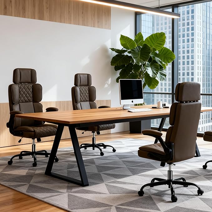 Office Chair with Adjustable Headrest - Executive Leather Desk Chair for Home Office, with Flip-Up Arms & Ergonomic Lumbar Support, Perfect for Work and Study, Brown