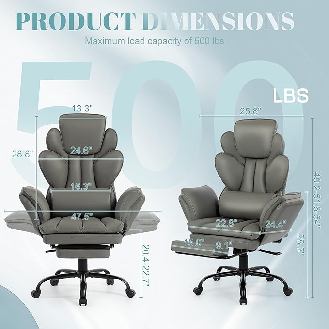 Big and Tall Office Chair, Flip Armrests Criss Cross Office Chair, Reclining Desk Chair with Foot Rest, Adjustable Headrest, Massage Waist Pillow Cross Legged Wide Seat Vanity Chair, PU Leather Grey