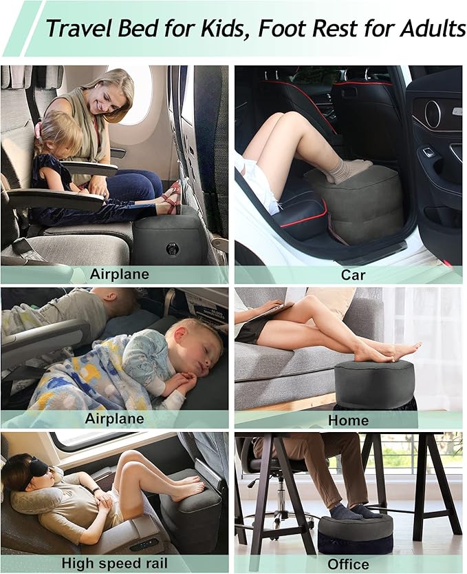 Inflatable Travel Foot Rest Pillow, Kids Airplane Bed, Adjustable 3 Layers Height Leg Rest Pillow, Adults Travel Essentials Great for Airplane, Office, Home, Trains, Cars (Dark Grey)