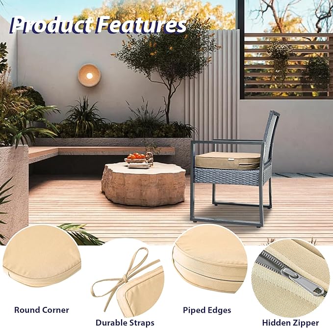 IPYNBAP Outdoor Chair Cushions Set of 4 -Waterproof Outdoor Seat Cushions for Patio Furniture, Patio Chair Cushion with Handle and Ties, Out Door Chair Pads,17x16x2-Round, Beige