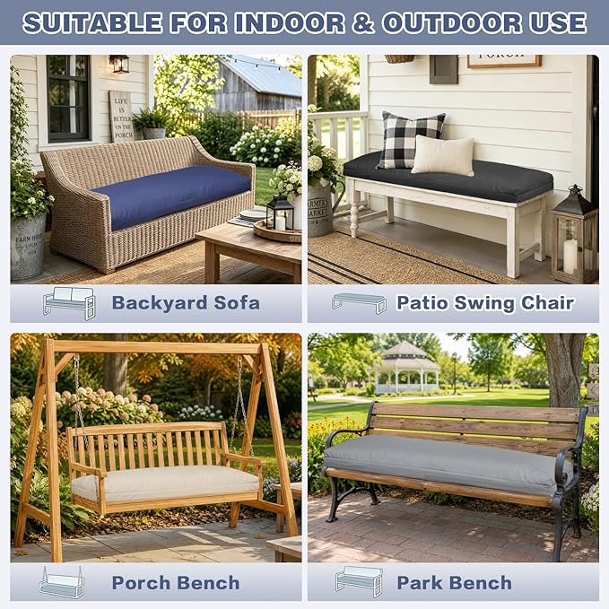 baibu 45In Outdoor Bench Cushion Waterproof, Bench Cushions for Outdoor Furniture, Dual-Layer Memory Foam atio Furniture Cushions, Porch Swing Seat Pad with Washable Cover & Ties, 45x16x3.5, Navy Blue