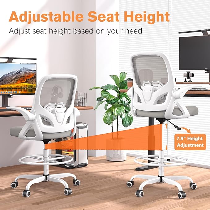 ORRSAKER Drafting Chair Tall Office Chair for Standing Desk, Breathable Mesh Ergonomic Computer Desk Chair with Flip-Up Armrests, Adjustable Lumbar Support and Footrest Ring,300 LBS，Gray