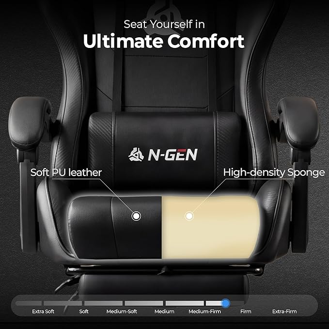 N-GEN GAMING Video Gaming Chair with Footrest Lumbar Support for Home Office High Back Recliner Height Adjustable Ergonomic Comfy Leather Computer Desk Chair (Carbon Black)
