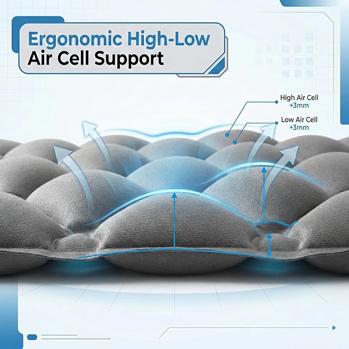 Inflatable Seat Cushion, U-Shaped Coccyx Cushion for Office Chair, Car & Wheelchair, Ergonomic Pressure Relief for Tailbone & Sciatica, Adjustable Firmness, Non-Slip Seat Pad for Long Sitting