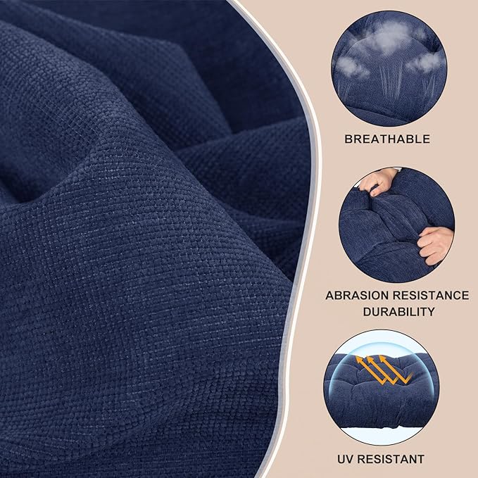 Rocking Chair Cushion - Chenille Fabric, High-Density Sponge, Durable Comfort Double-Sided Tufted Seat Pads with Ties, Chenille︱Deep Blue, 44x19x4 inch