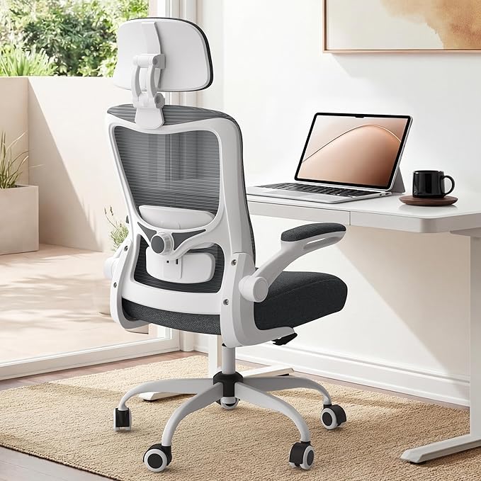 Office Chair, Ergonomic Mesh Desk Chair with Adjustable Lumbar Support and Headrest, Flip-up Armrests, High Back Computer Task Chair for Home and Executive Office (W-Dark Grey)