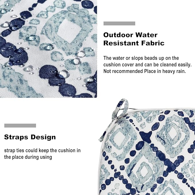 DYTXIII Set of 2 Outdoor Chair Cushions with Ties,Water Repellent Patio Chair Pads 17"x 16" for Outdoor Furniture,Round Corner Seat Cushions for Garden Yard Kitchen Boho Geometry Blue