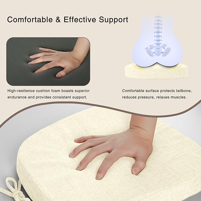 OVOV 14x14 Chair Cushions for Metal Dining Chairs Set of 4 Non Slip Thick Textured Chair Pads for Dining Chairs with Ties and Removable Cover (4, Ivory)